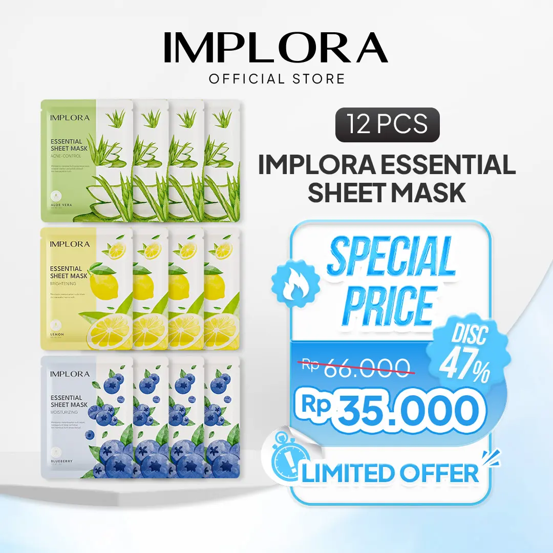 [12 PCS] Implora Essential Sheet Mask | Hydrating Essence | Mencerahkan Mengencangkan Wajah