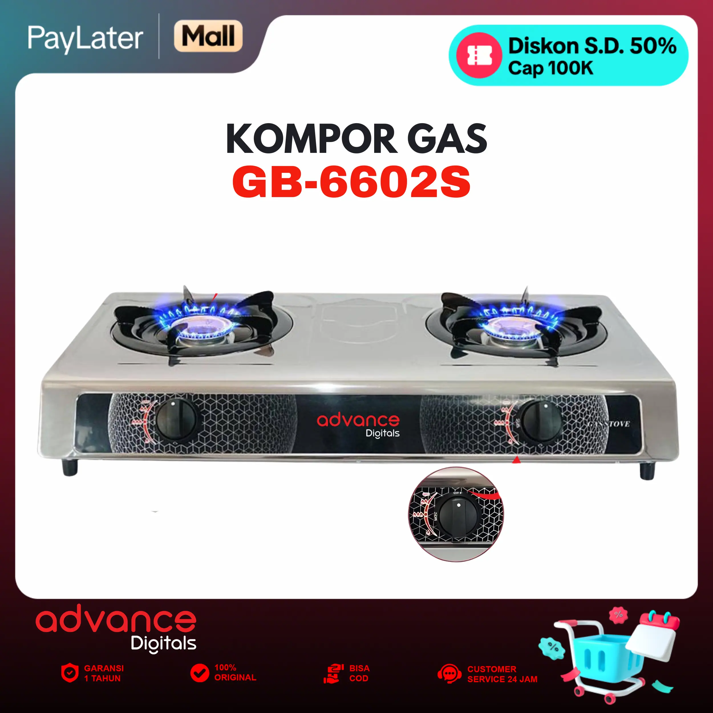【COD】Kompor Stainless Advance GB-6602S 2 Tungku GB-6702S Stainless/ GB-200K Kaca/ GB-201K Kaca Garansi 1 Tahun