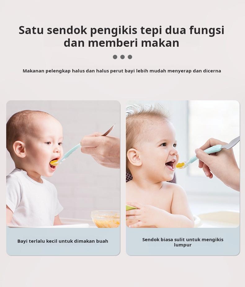 Sendok makan bayi berkepala dua, cocok untuk memberi makan buah dan bubur, desain sederhana