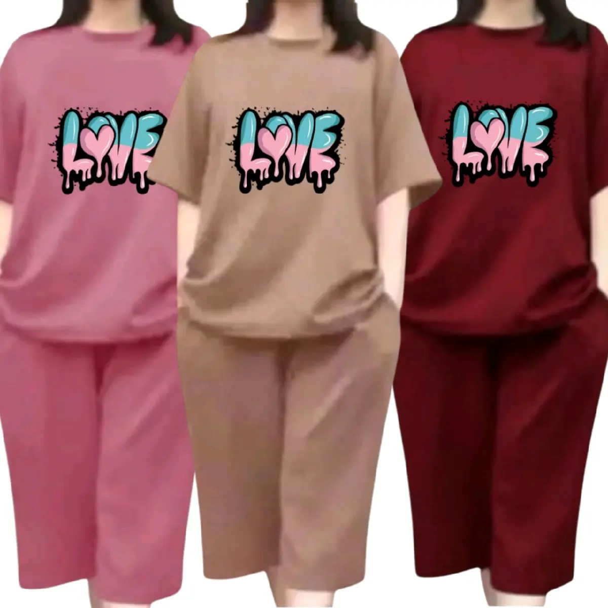 Stelan kulot dewasa pendek celana 7/8 stelan dewasa viral stelan wanita dewasa motif love mural Setelan Santai