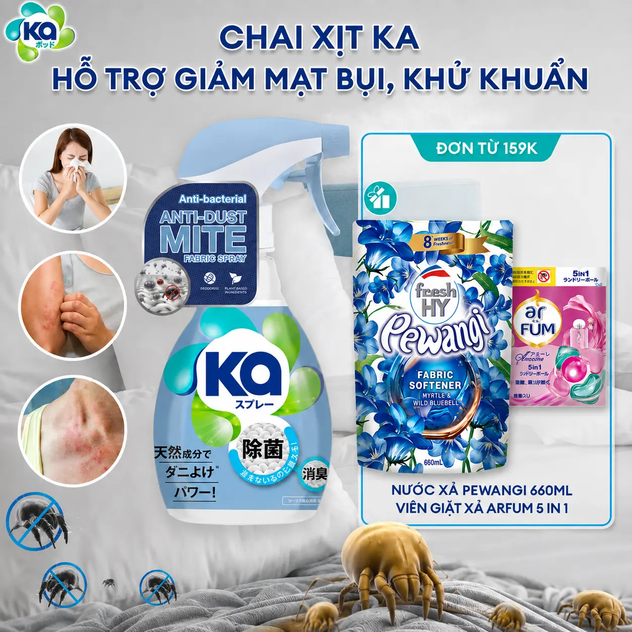 [ĐƠN 159K CÓ QUÀ] Chai Xịt KA Hỗ Trợ Giảm Mạt Bụi Nhà (320ml/Chai) - Xịt thơm Cho Giường, Nệm, Sofa, Rèm Cửa, Chăn, Ga, Gối, Đệm