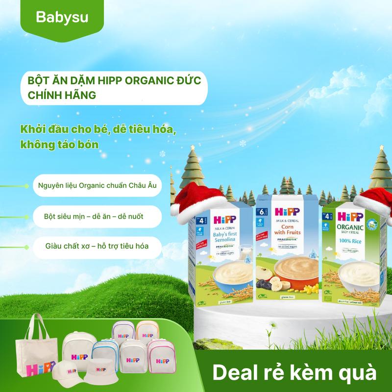 Bột ăn dặm HiPP Organic Đức – bột gạo, bột bắp hoa quả, semolina khởi đầu cho bé, dễ tiêu hóa, không táo bón
