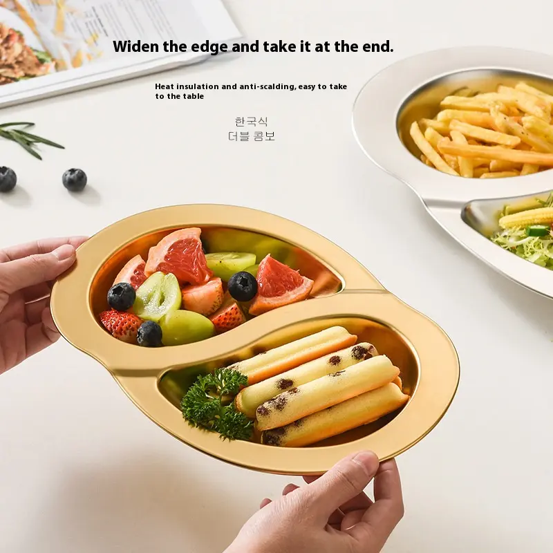 Stainless steel double plate snack plate double grid dessert plate fruit salad shallow plate