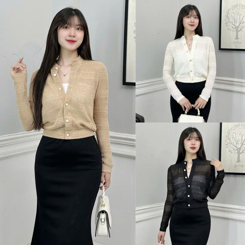  Áo Ren Lưới Cổ Tròn Kim Sa Dài Tay Milasu Áo Khoác Len Dáng Lửng Cài Cúc Đồng H498 