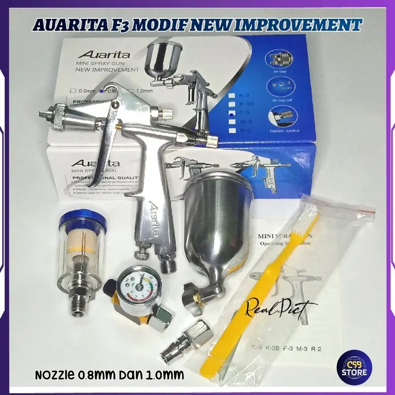 Set Spray Gun Auarita F3 Modif | F3 Standar Nozzle 0.5 | 0.8mm dan 1.0mm Dengan regulator filter udara dan coupler pf20 0