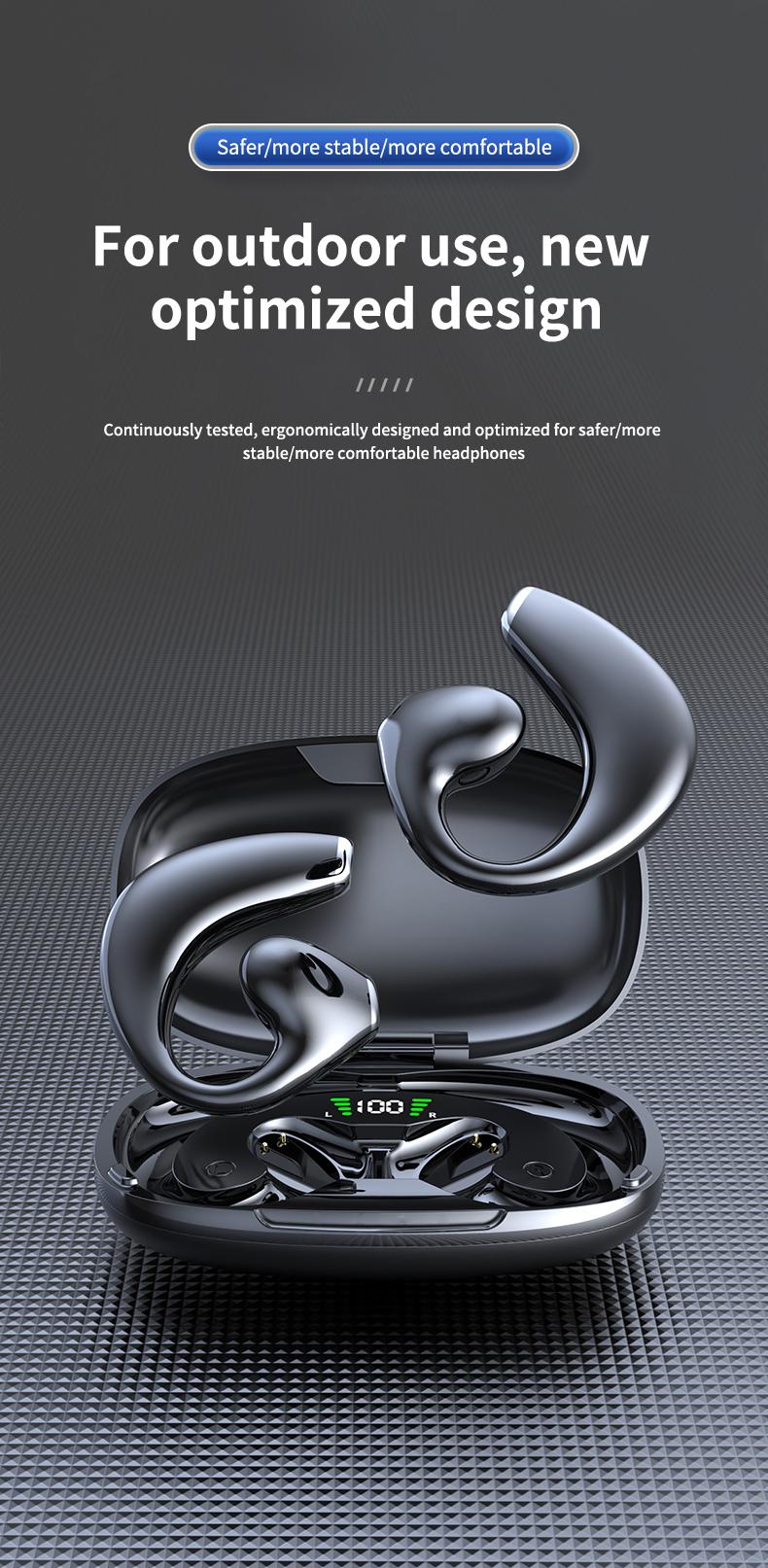 Stereo surround suara nirkabel headphone Bluetooth OWS wireless olahraga earphone terbuka earring headset tahan lama kenyamanan memakai Earbuds dengan LED digital JR02