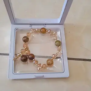 Gelang batu Naga Golden Healing Hematoid gradasi elastis untuk lengan kecil - jumbo premium gaya wanita korea