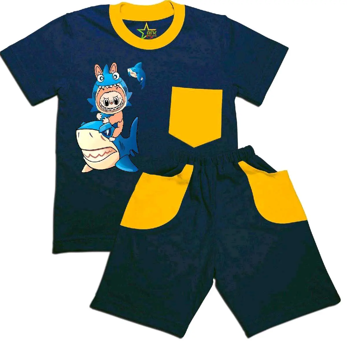Stelan kaos anak Labubu hiu karakter Lucu Fashion Set Celana