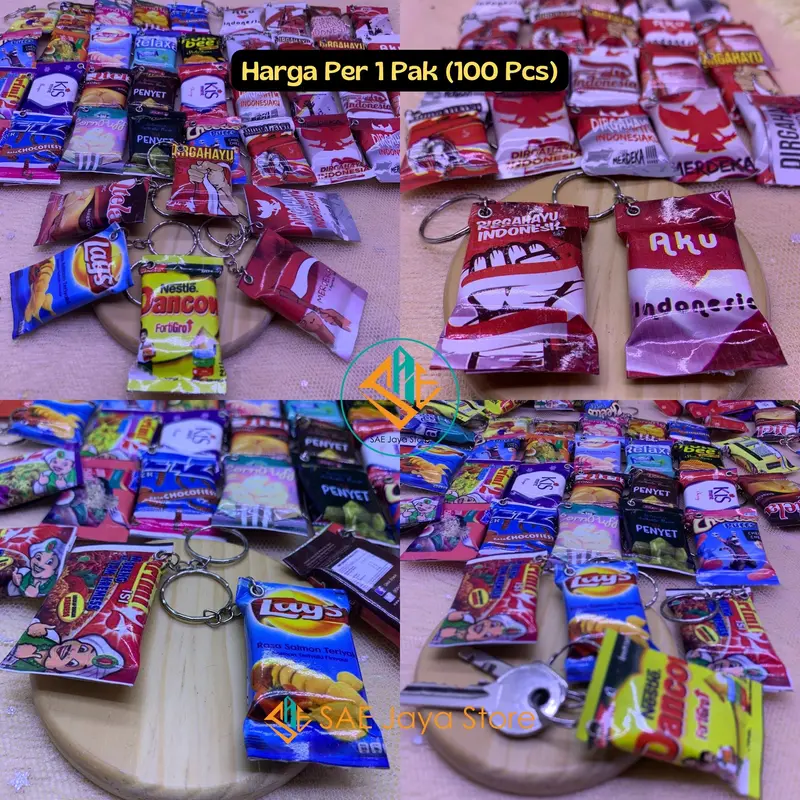 (100 PCS - GEPENG) GANTUNGAN KUNCI GEPENG MINIATUR MAKANAN DAN MOTIF MERAH PUTIH KEMERDEKAAN RI 0