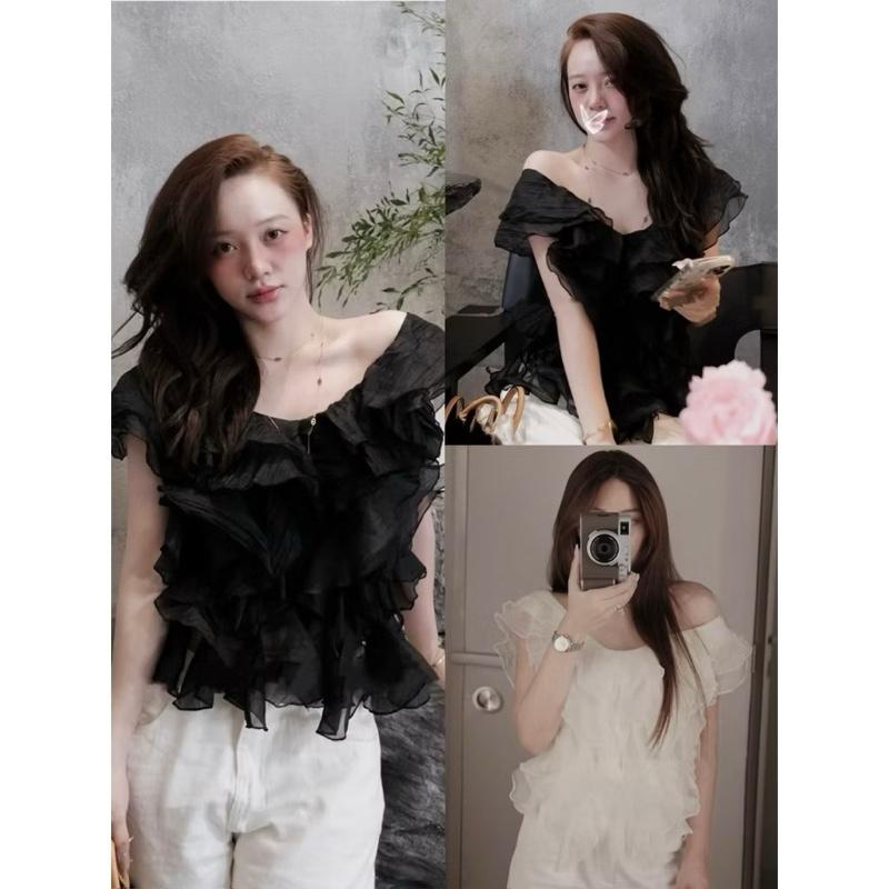 ÁO KIỂU TRỄ VAI VOAN BÈO LƯỢN SÓNG BỒNG BỀNH ÁO VOAN CÁCH ĐIỆU CỔ V”SUSU TOP” 2 màu kem,đen - DÀNH CHO NỮ