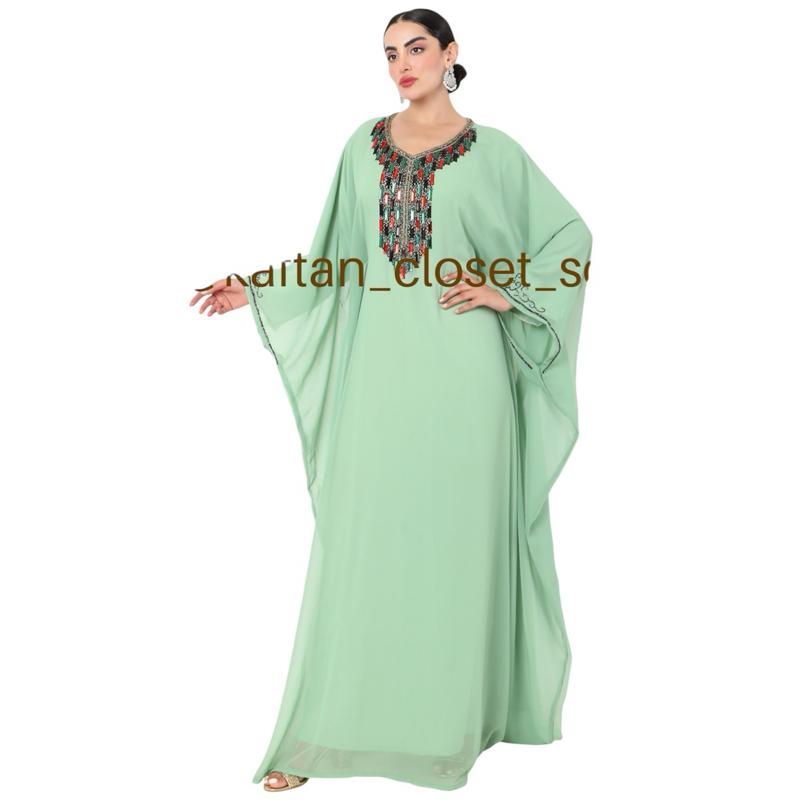 Kaftan Closet SG- Marbella available pistachio green, black & taupe with a fusion contrast style stonework handbeaded custom made kaftan. 3