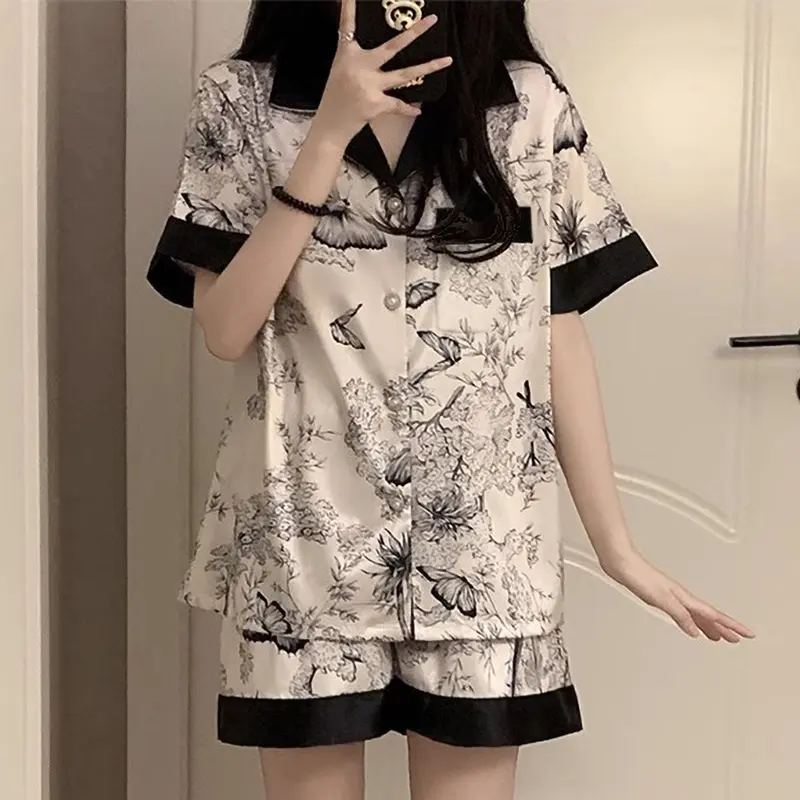 Pajama women summer thin cardigan ink painting short sleeve shorts comfortable casual home wear set