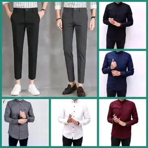 TERBARU..Paket setelan celana kantor formal angkle pants slimfit  bahan woll + kemeja polos lengan panjang CELANA ABU,CELANA HITAM Pria