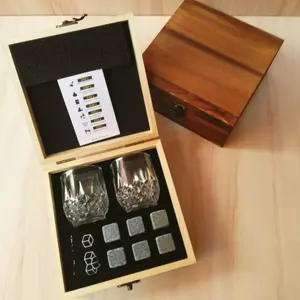 Whiskey Stone Glass Cup Set with 6 Pcs Whiskey Bourbon Chilling Stones in Wooden Box Father's Day Birthday Anniversary Present