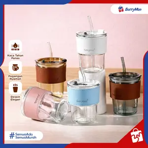 Gelas Kaca Tumbler 400 ML Aesthetic Leather Case Gelas Souvenir Anti Tumpah Cocok Minuman Dingin & Hangat Free Sedotan