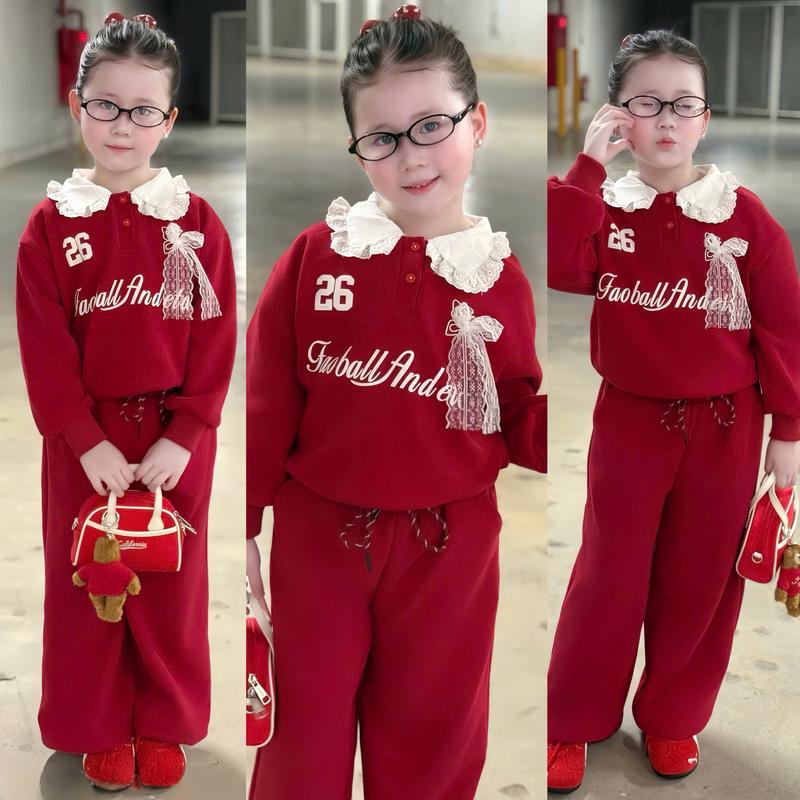 Set đồ thu đông nỉ 2 da cho bé gái Set áo nỉ cổ chạy ren điệu đà mix quần ống xuông xinh xắn mềm mịn co giãn phong cách tiểu thư sang chảnh cho bé gái đủ size 8-35kg <1m4