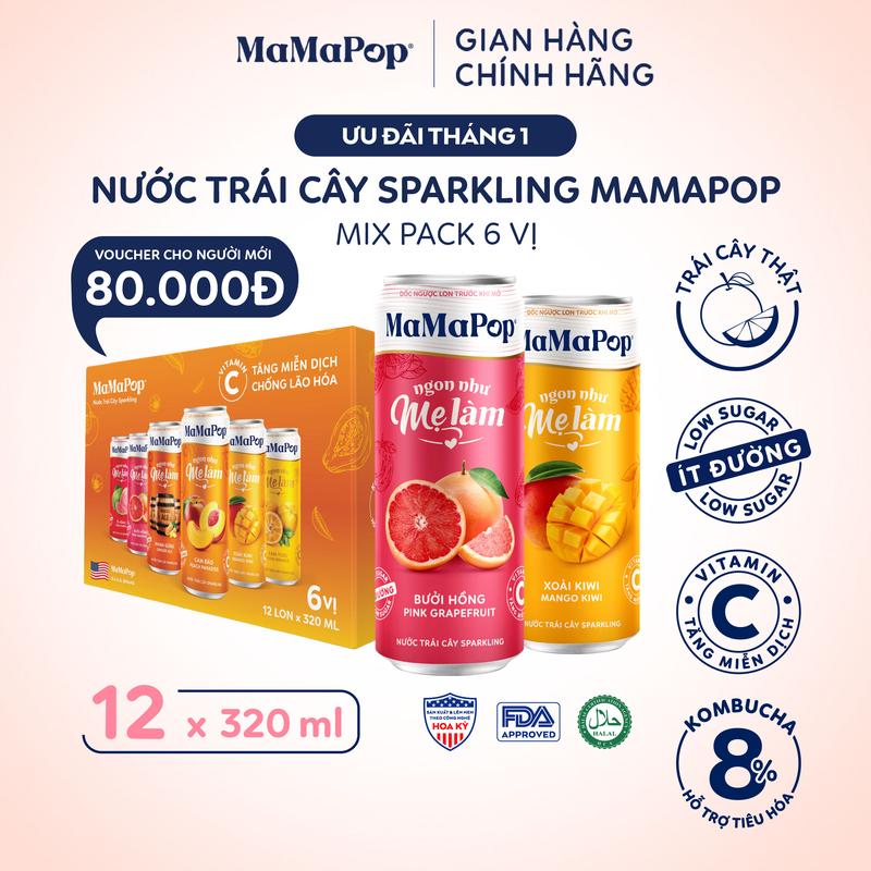  Nước trái cây sparkling MaMaPop mix 6 vị  320ml 12 lon  - Kết hợp với trái cây tự nhiên giàu Vitamin C 