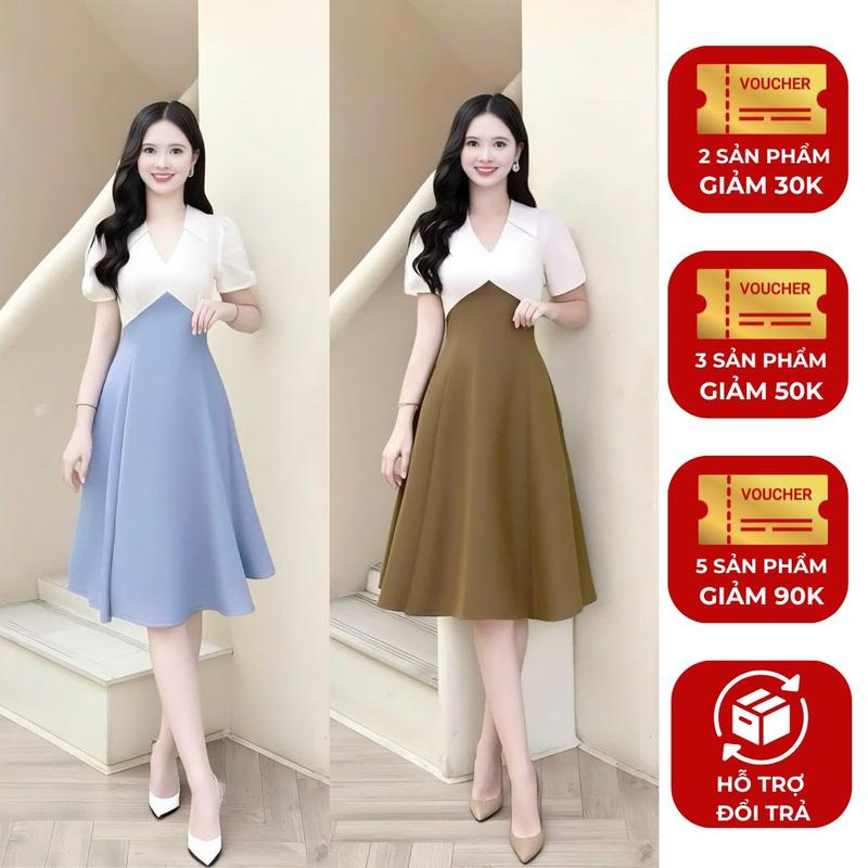 Đầm váy nữ thiết kế Nhật Vy cổ V tay ngắn dáng xoè bigsize chất lụa công sở văn phòng dự tiệc quà tặng vợ mẹ màu xám nâu - D3463