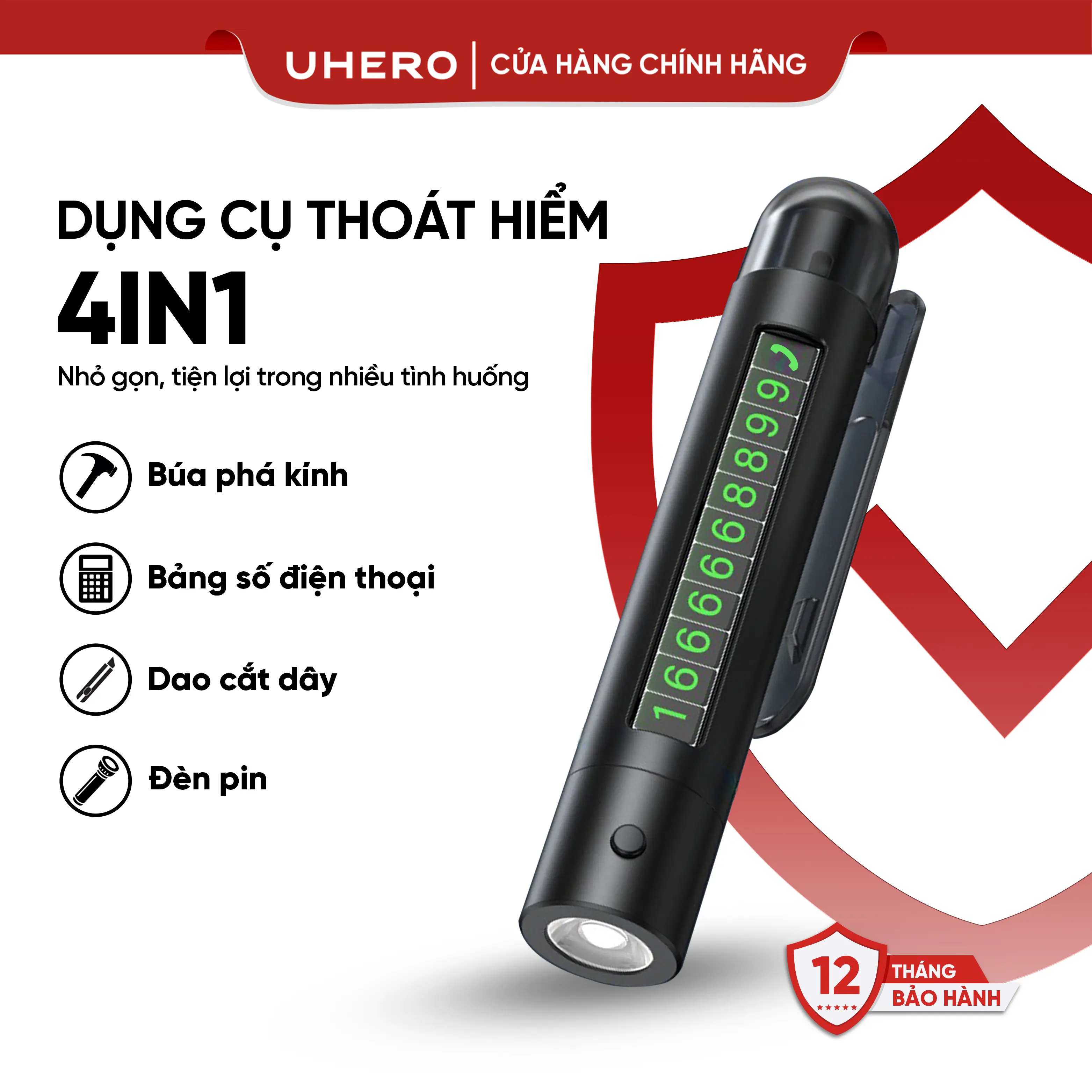 UHERO Dụng Cụ Thoát Hiểm Ô Tô 4 Trong 1 BTH01 Kiêm Bảng Số Điện Thoại, Đèn, Đa Chức Năng - Nhỏ Gọn Mang Theo Đồng Bi