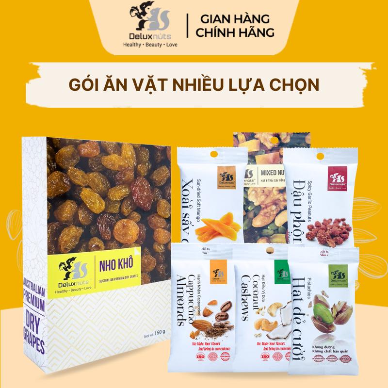 Gói Ăn Vặt Nhiều Lựa Chọn Xoài Sấy Dẻo Nho Khô Đậu Phộng Tỏi Ớt Mixednuts Hạnh Nhân Hạt Điều Hạt Dẻ Deluxnuts