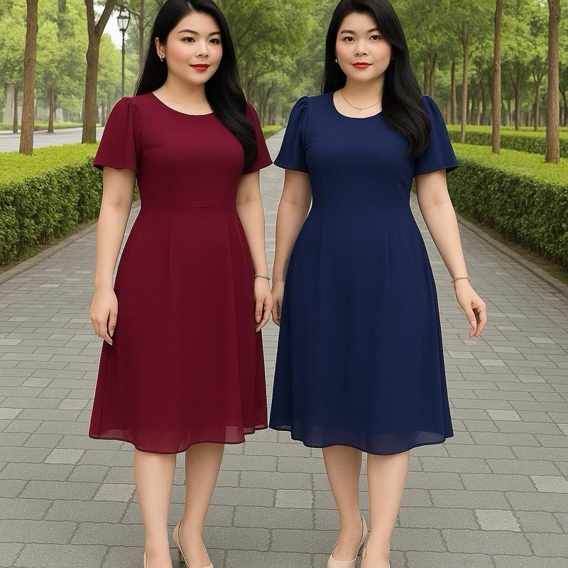 Đầm bigsize trung niên 50-95kg chất liệu lụa tằm ý. che khuyết điểm tốt Nữ Women Dress Kem Voi Nhung Ren Viền Ren Sen Màu Đỏ váy  tiệc