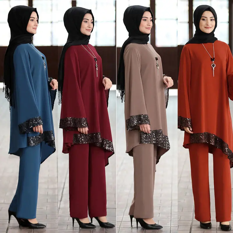 2 pieces of Muslim clothing set Turkish women's tops abaya blouse wide pants kaftan eid suit Islamic clothing