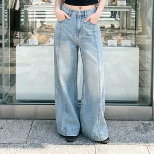 Celana highwaist Wanita Lipat Lebar Korean Style -Celana Jeans Cowok Panjang Loose Gombronig Whisker Nyaman Tebal Pria Denim Fit Slim Melar