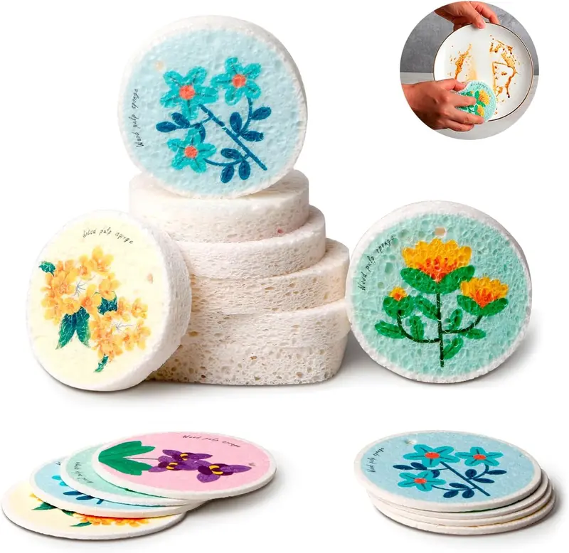 Miếng Bọt Biển Rửa Chén, 10 Gói, Miếng Bọt Biển Xenlulo Nén, Chống Trầy Xước, Tự Nhiên, Thích Hợp Để Vệ Sinh Nhà Bếp, Cho Bát Đĩa, Chảo, Nồi, v.v.In hình 0