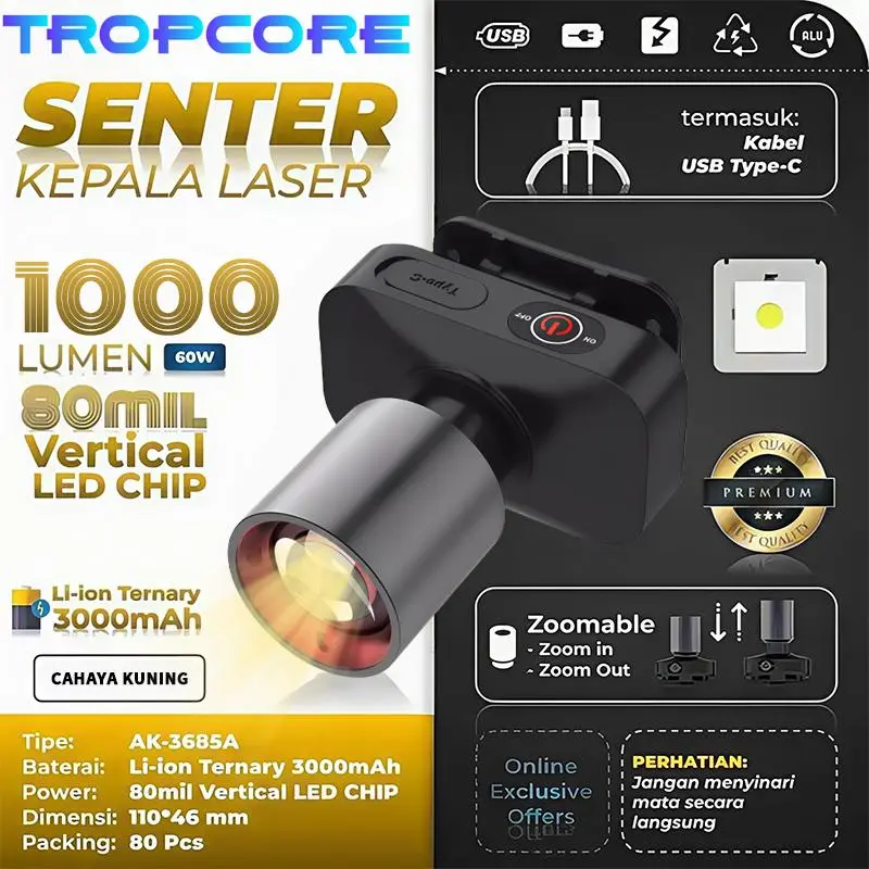 TROPCORE Mall Senter Kepala Headlamp Battery Lithium Lampu Gunung Camping Hiking Senter Camping