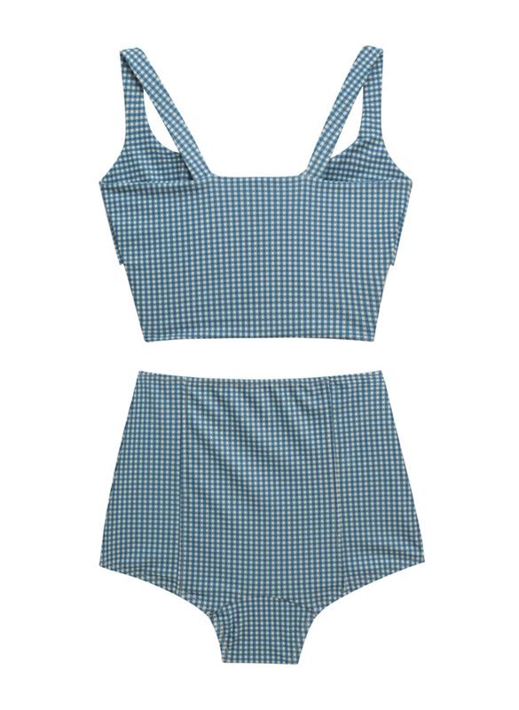 Product Introduction of Women's Korean-Style Split Bikini Swimsuit Plaid High Waist Belly Contracting Covering Belly Thin Beach Vacation Spa Swimsuit 12