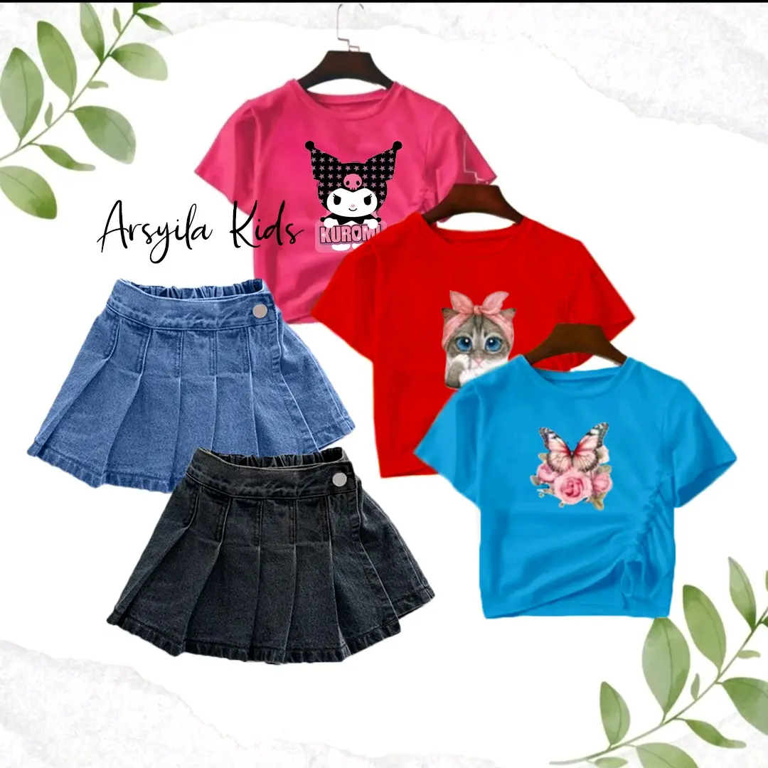 Setelan Celana Rok Remple (Rokcel) Anak Perempuan - Model Crop Top & Celana Pendek Soft Jeans (Bahan Katun Combed 30s) Fashion