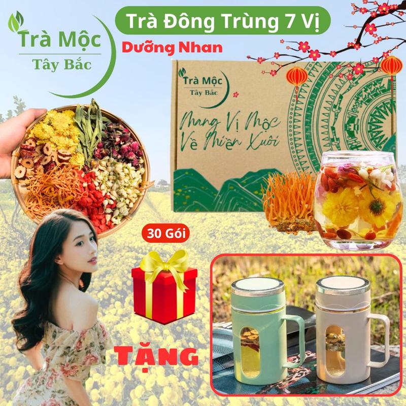   Tặng Ca Pha Trà – Hộp 30 Gói  Trà Bảy Vị Dưỡng Nhan Đông Trùng Hoa Cúc Táo Đỏ 7 vị – Thảo Mộc Thanh Mát Cho Phụ Nữ | Trà Mộc Tây Bắc 