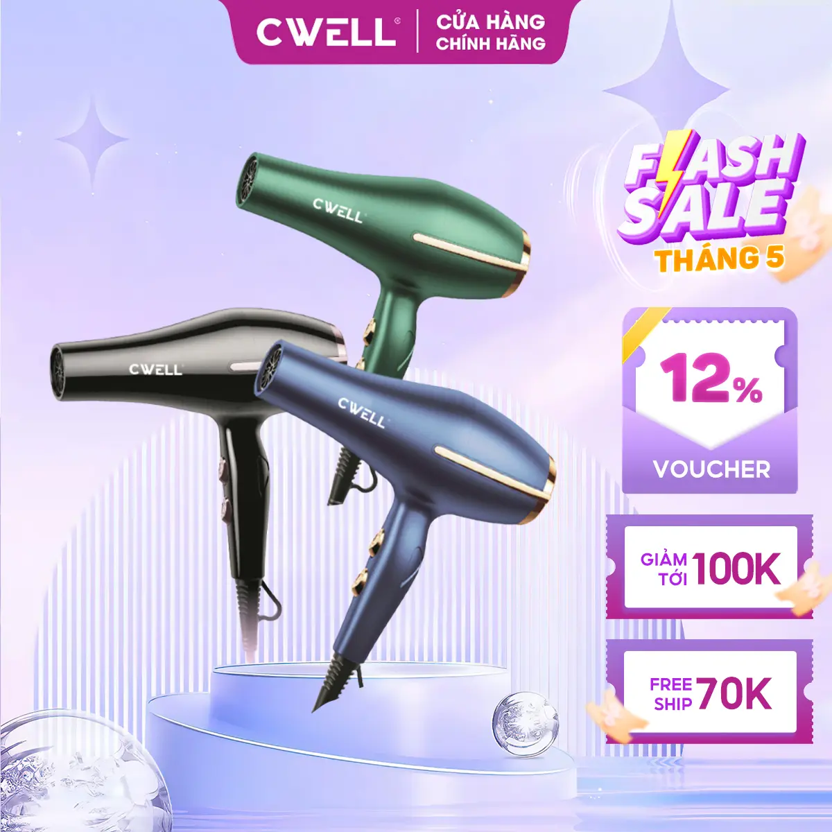 Máy sấy tóc CWell công suất lớn 1800W-2500W, thiết kế 6 chế độ sấy KÉP, ánh sáng xanh giảm khô xơ tóc, dùng tại nhà và cho Salon tóc cho nam & nữ - C03HD Women - BH 12 THÁNG