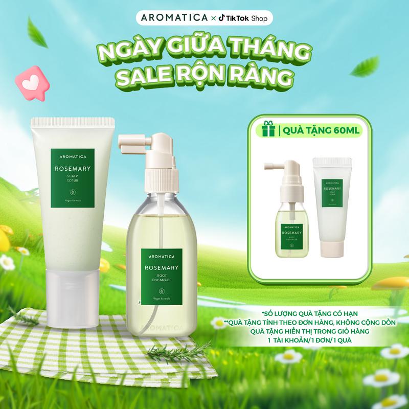 Combo Tẩy Tế Bào Chết Dành Cho Da Đầu Aromatica Rosemary Scalp Scrub 165g & Xịt Dưỡng Chân Tóc Hương Thảo Aromatica Rosemary Root Enhancer 100ml Chăm Sóc Tóc
