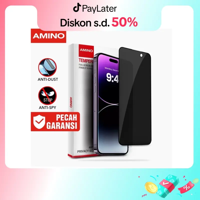 AMINO Anti Spy Tempered Glass Untuk Iphone 17 17 Air 17 Pro Max 16 Pro Max  15 Pro Max 15 Plus 14 Pro Max 14 Plus 13 Pro Max 12 Pro Max 11 Pro Max XS MAX Fullcover Screen Protector Full Cover Anti Gores / Privacy Glass / Dust Proof Full Screen Protector