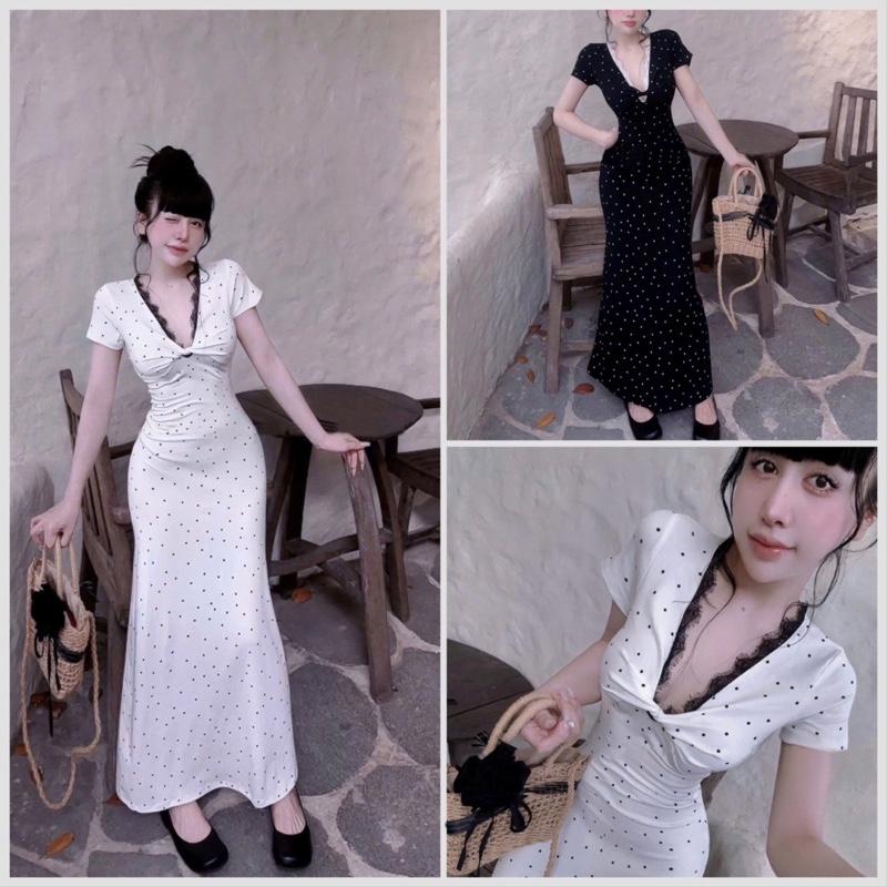 D62 Đầm Body chấm bi dáng dài xoắn phối ren chất thun tăm mịn co giãn