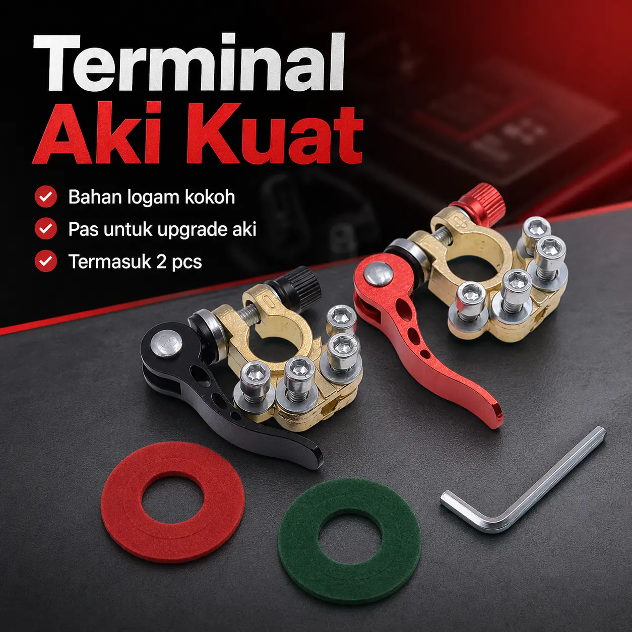 Terminal Aki Mobil 2 Pcs Konektor Kepala Baterai Universal dengan Tuas Cepat Lepas Positif Negatif Lengkap Baut dan Kunci L untuk Sambungan Kabel Aki Merah Hitam Logam