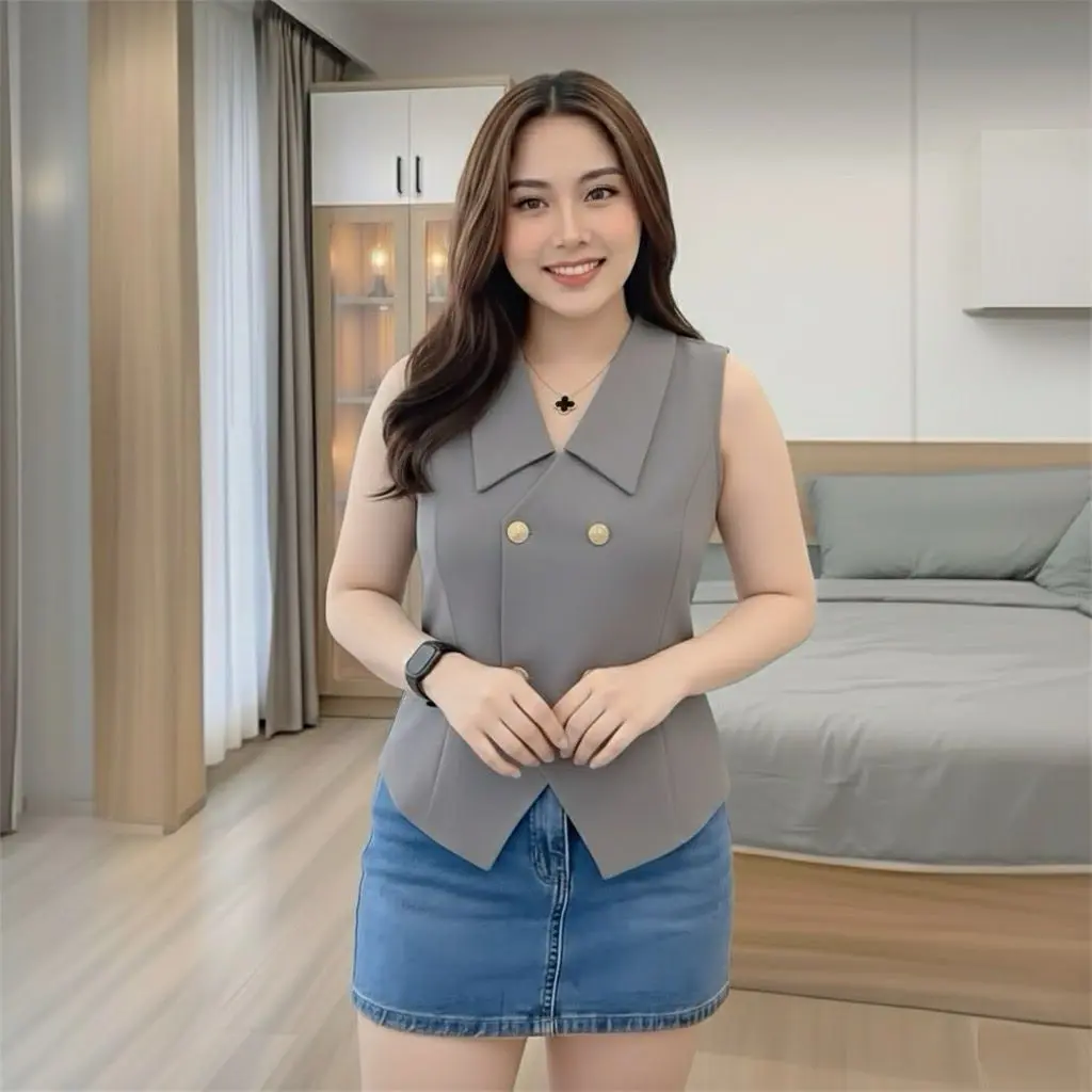 D&W Store EVI VEST BASIC WANITA Vest Semiwol Atasan Crop Casual Outer Oversize Rompi Wanita Hitam Katun Top Panjang 54cm Bahan Semiwol