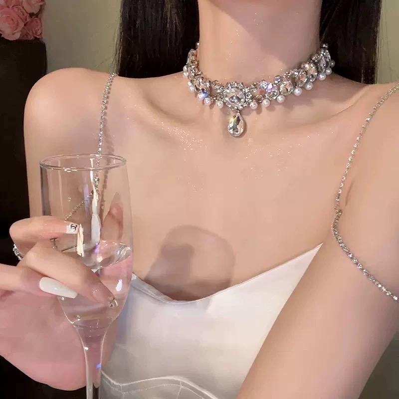 Vòng cổ choker đính đá bản to cao cấp sang trọng dự tiệc