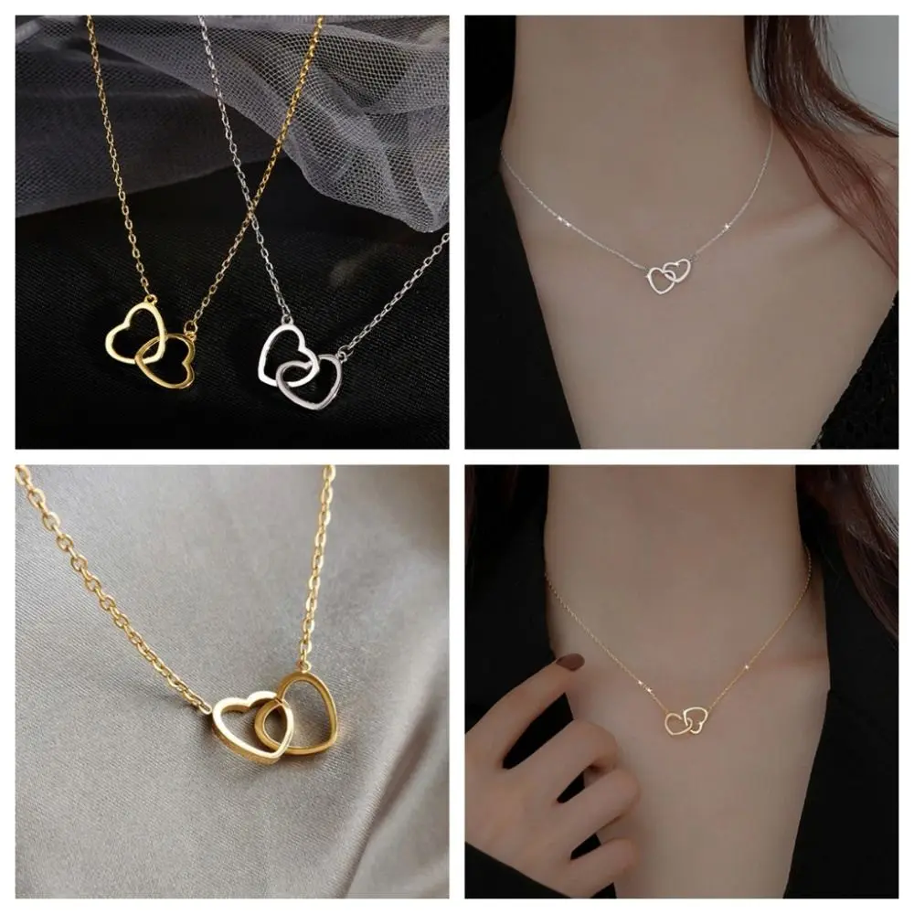 Vòng Cổ Thả, Thiết Kế Tình Yêu Trái Tim Đôi, Mặt Dây Chuyền Bằng Thép Không Gỉ Chất Lượng Cao, Trọng Lượng Nhẹ, Phong Cách Đơn Giản, Choker Xương Đòn