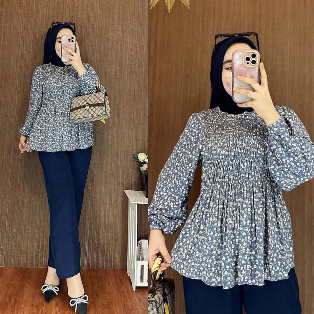 Aurel-(COD)One set Setelan smok rintik cantika celana polos rayon adem