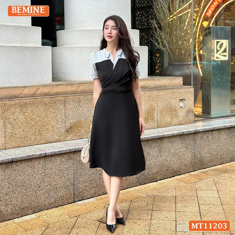 Đầm thiết kế BEMINE cổ V xếp ly ngực dáng chữ A phù hợp đi làm-MT11203