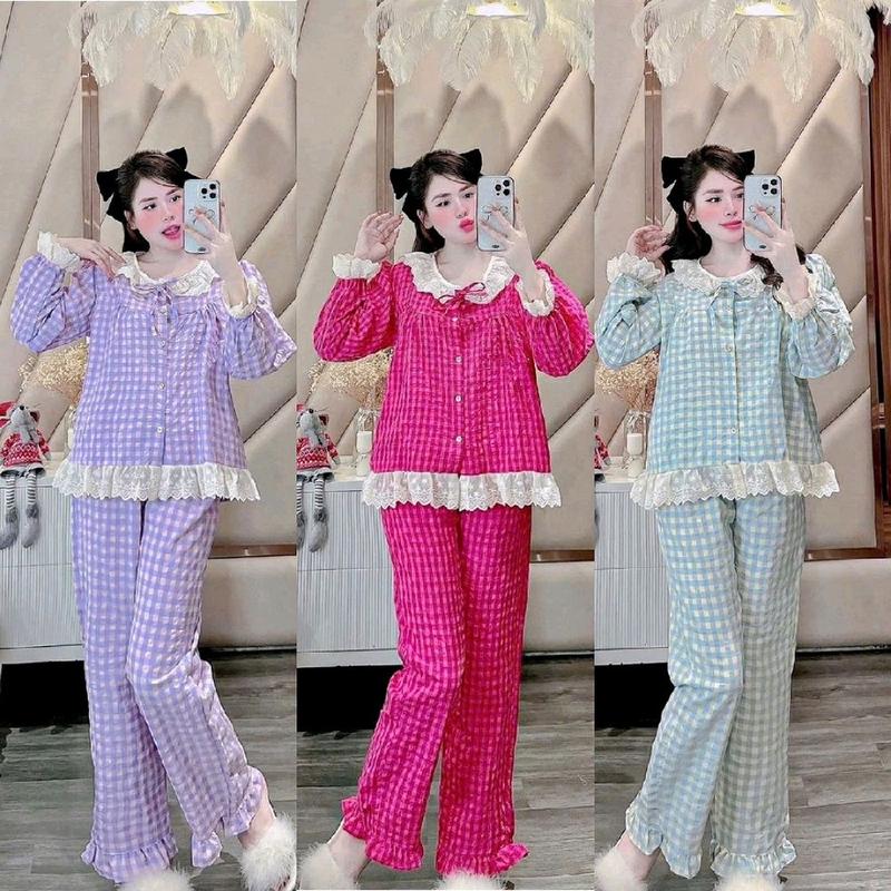 Bộ Ngủ Nữ Cổ Bèo Ren Vải Đũi Kẽ Mềm Tay Dài Bo Chun Viền Ren Free size 40-58kg - Women Áo Voi Nhung Kem