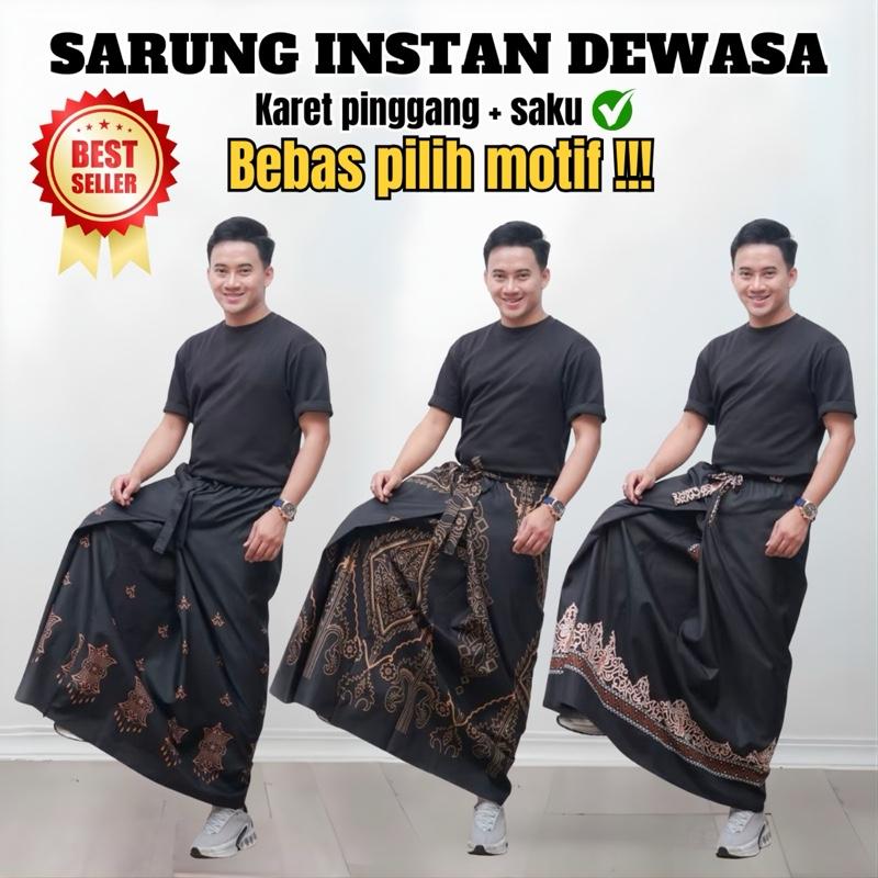 Sarung Instan Saku Dan Tali Pinggang Dewasa Pria Muslim Nyaman Motif Hitam Bahan Katun Poli Premium Full Desain Modern Praktis Dilengkapi Saku