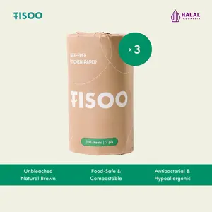 TISOO Premium Bamboo Kitchen Paper Towel Tissue 100s’2ply (3 Rolls) Tisu Dapur Bambu Tebal / Serbaguna / Serap Minyak