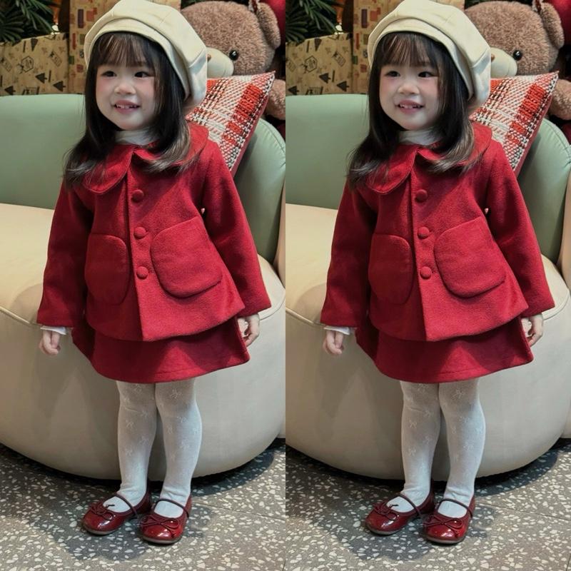 H40- Set dạ ép cổ tròn cúc bọc hai lớp kèm chân váy dạ mềm dành cho bé gái 9-31kg