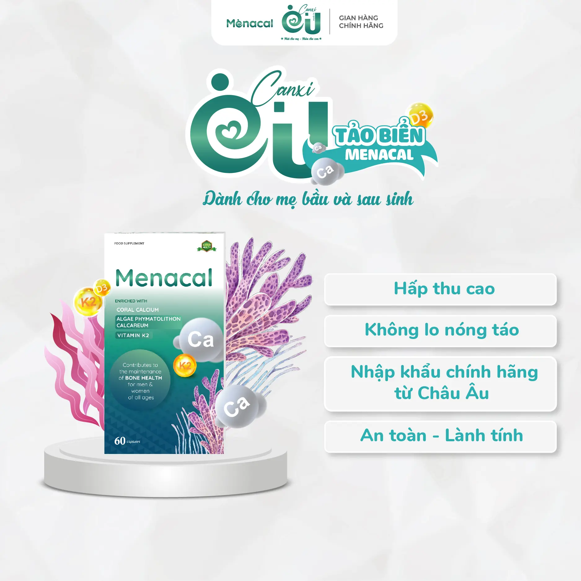 Canxi EU tảo biển Menacal - bổ sung canxi D3K2 cho người lớn 1 hộp 60 viên