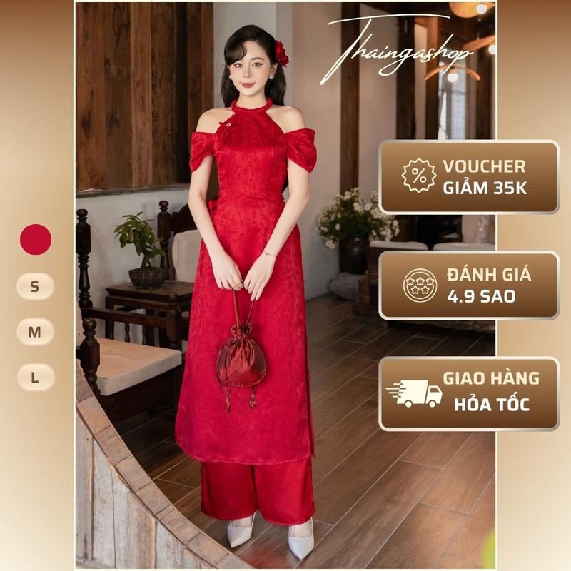  Áo Dài Cổ Yếm Phối Vai Rớt Màu Đỏ Kèm Quần – Thiết Kế Sang Trọng Quyến Rũ Hiện Đại – D1530 