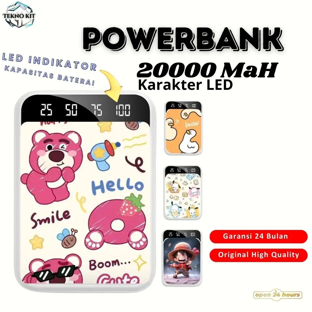 Powerbank 20000MaH Fast Charging MIni Led Indikator Power Bank Karakter Lucu 20000 MaH Dual Output Lotso Onepiece TYPE C MICRO LIGHTNING Screen Digital Display Indikator LED Daya Tahan Lama Desain Modern Praktis Proteksi Cerdas Kapasitas Ori 20000Mah