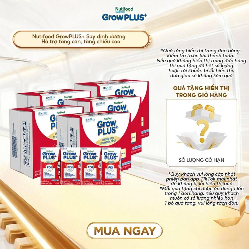 ĐỎ ÍT ĐƯỜNG Combo 5 x Thùng 24 hộp Sữa Bột Pha Sẵn Nutifood GrowPLUS+ Suy Dinh Dưỡng Đỏ Ít đường 110ml - Tăng Cân Tăng Chiều Cao